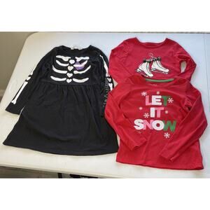 Lot of 3 Girl Size 4-5 Halloween Skeleton Dress & Holiday Christmas Red Tops